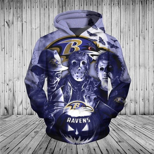 3D Nfl Printed Baltimore Ravens Hoodies Halloween Horror Night Sweatshirt Pullover